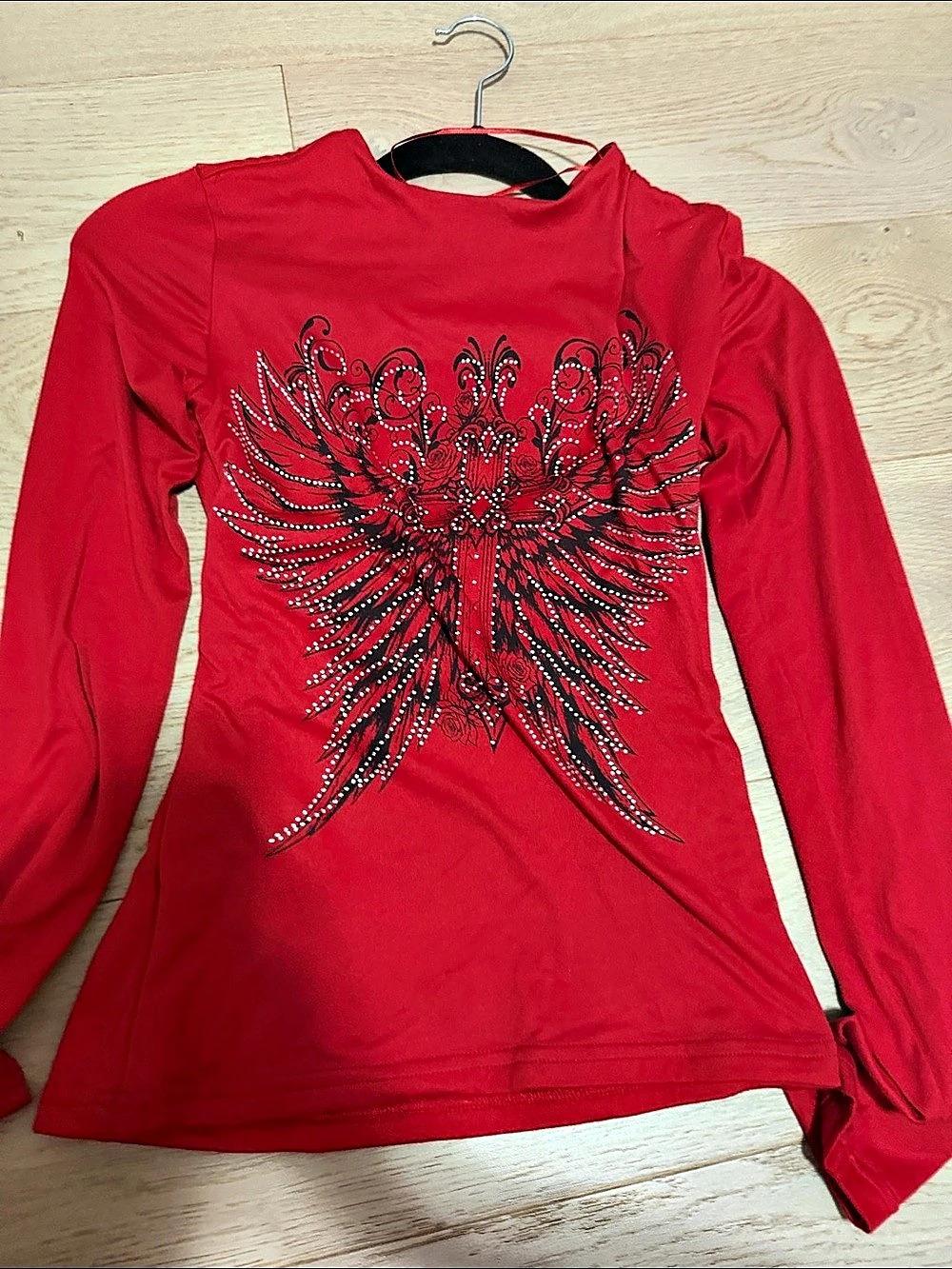 Long Sleeve rhinestone cross long sleeve Top in Red Like New